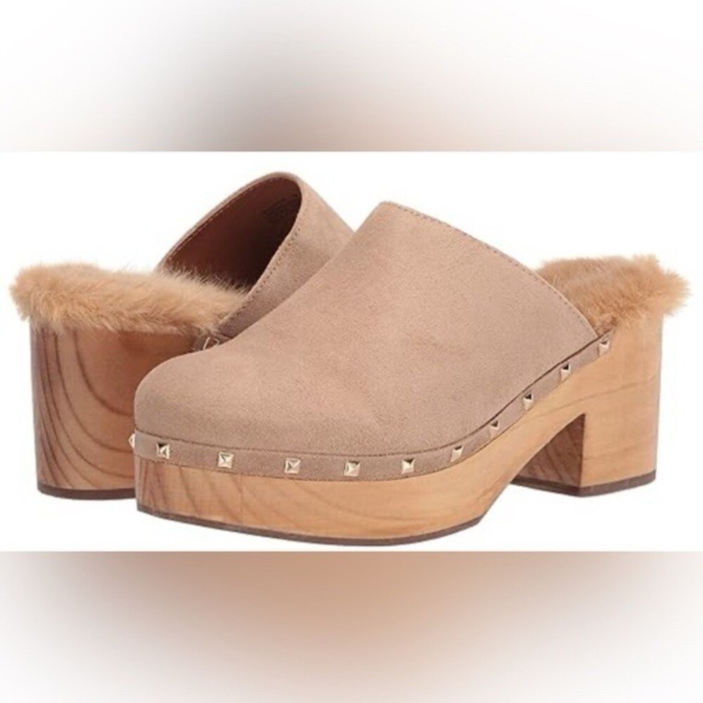 Steve Madden Brooklyn Mule Heels Womens 7.5 Beige Platform Faux Fur
